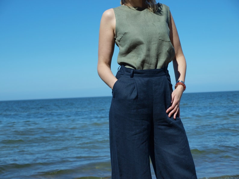 basic linen pants Classic soft linen Women Linen Trousers High Waist Linen Pants dark blue linen pants. Loose linen pants AMANDA