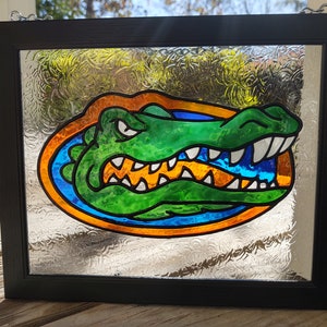 Florida Gator; Painted stained glass; Hand-painted; Black frame; 8"X10"