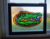 Florida Gator Painted stained glass Hand-painted Black frame 8 quot X10