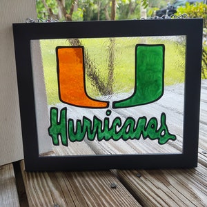 Miami Hurricanes; Painted stained glass; Hand-painted; Black frame; 8"X10