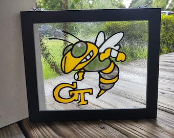 Georgia Tech; Painted stained glass; Hand-painted; Black frame; 8"X10