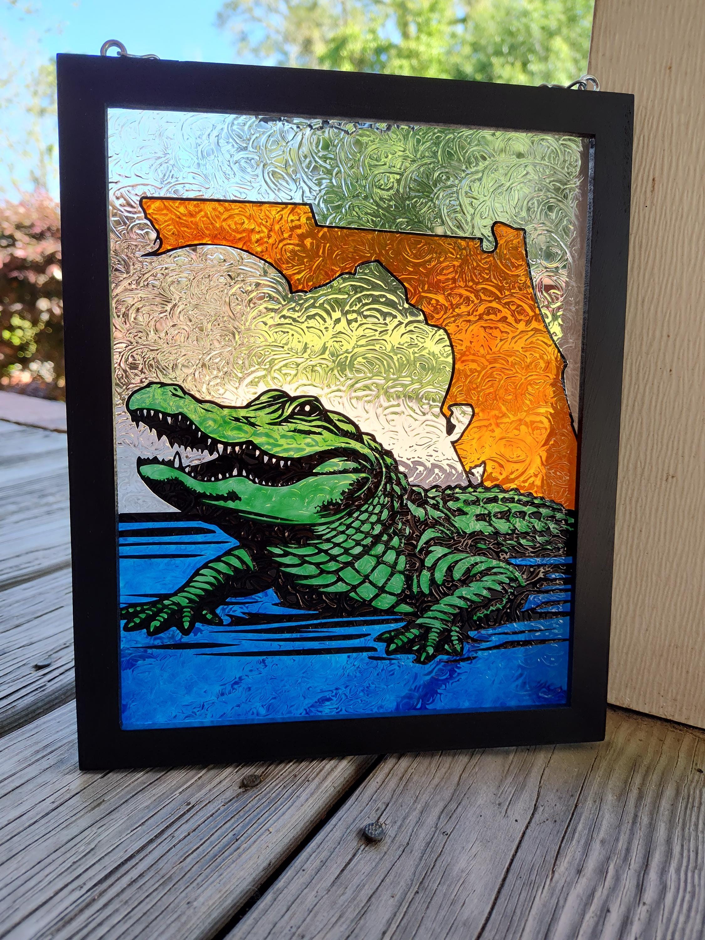 State of Florida With Alligator; Orange and Blue; Painted Stained