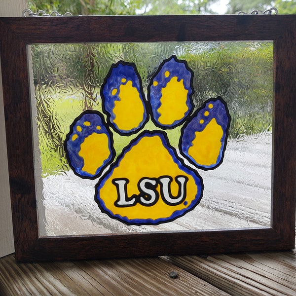 LSU Tigers; Louisiana State; Painted stained glass; Hand-painted; Black frame; 8"x10"