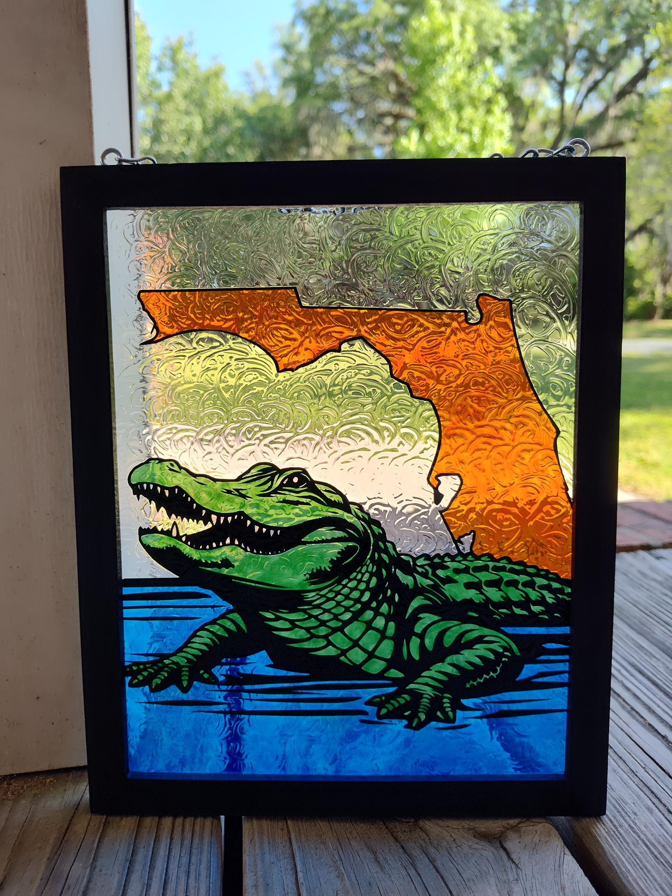 State of Florida With Alligator; Orange and Blue; Painted Stained State of Florida With Alligator; Orange and Blue; Painted Stained