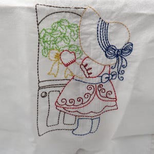 Sun Bonnet Sue Embroidered Christmas Tea Towel, Flour Sack Fabric