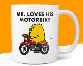 Novelty Mr LOVES HIS MOTORBIKE Mug Funny Men Mr Him Gift Secret Santa Present Unique Ceramic Novelty Office Birthday Christmas 10oz Coffee