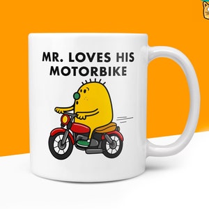 Novelty Mr LOVES HIS MOTORBIKE Mug Funny Men Mr Him Gift Secret Santa Present Unique Ceramic Novelty Office Birthday Christmas 10oz Coffee