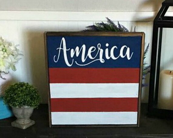 Red White And Blue America Wood Sign Home Decor Farmhouse Wall Decor Framed Wood Sign Reclaimed Wood Sign Farmhouse Sign Americana