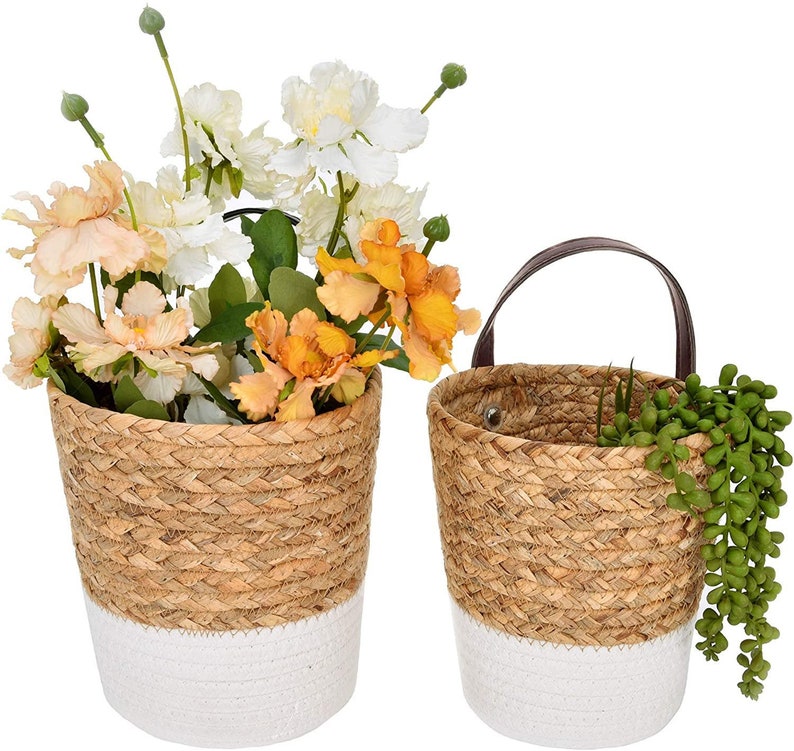 Water Hyacinth & Cotton Rope Hanging Basket Set of 2 Wall Etsy