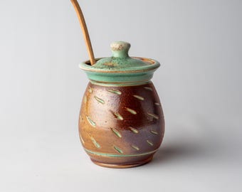 Wood Fired Stoneware Honey Pot with Dipper: Handmade Pottery by Monte Young