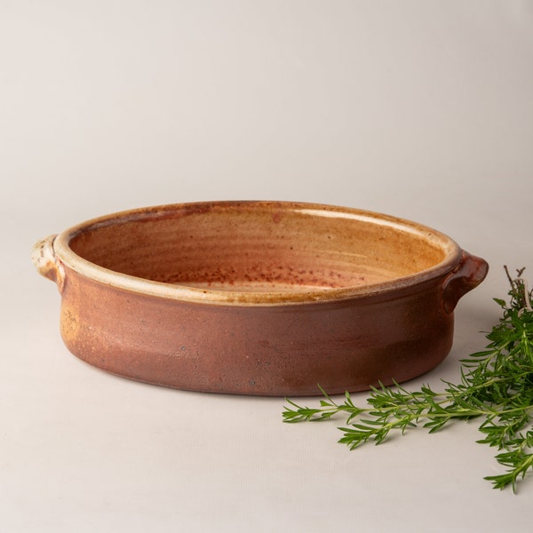 Casserole / Shallow Baking Dish with Handles, 2 Quart - Wood Fired Stoneware Pottery Handmade by Monte Young - READY to SHIP - Shino
