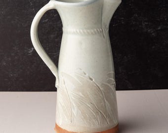 Handmade Stoneware Pitcher: Wood Fired Pottery, Seagrass Design
