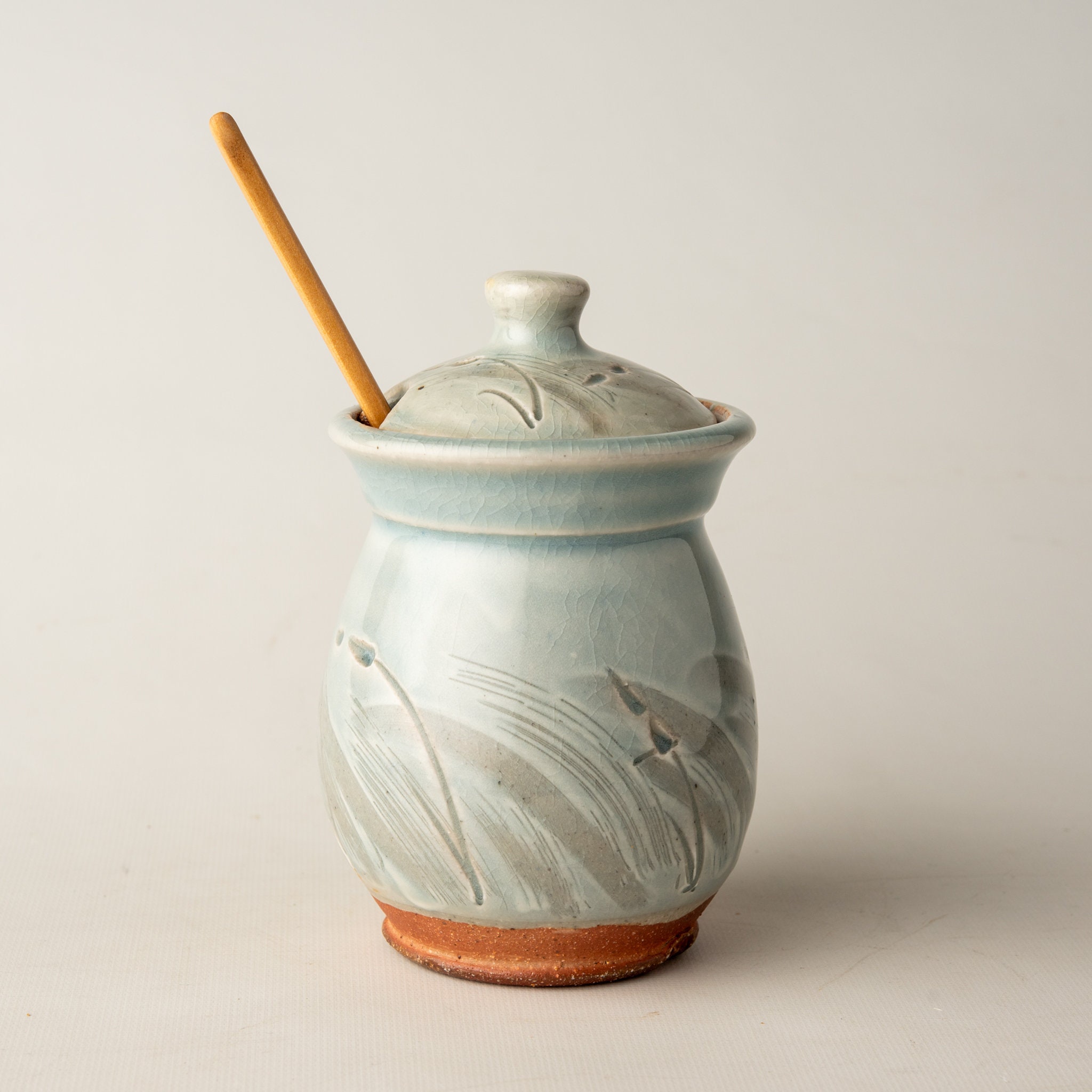 Handmade Wood Fired Stoneware Honey Pot with Dipper, Seagrass No. 1