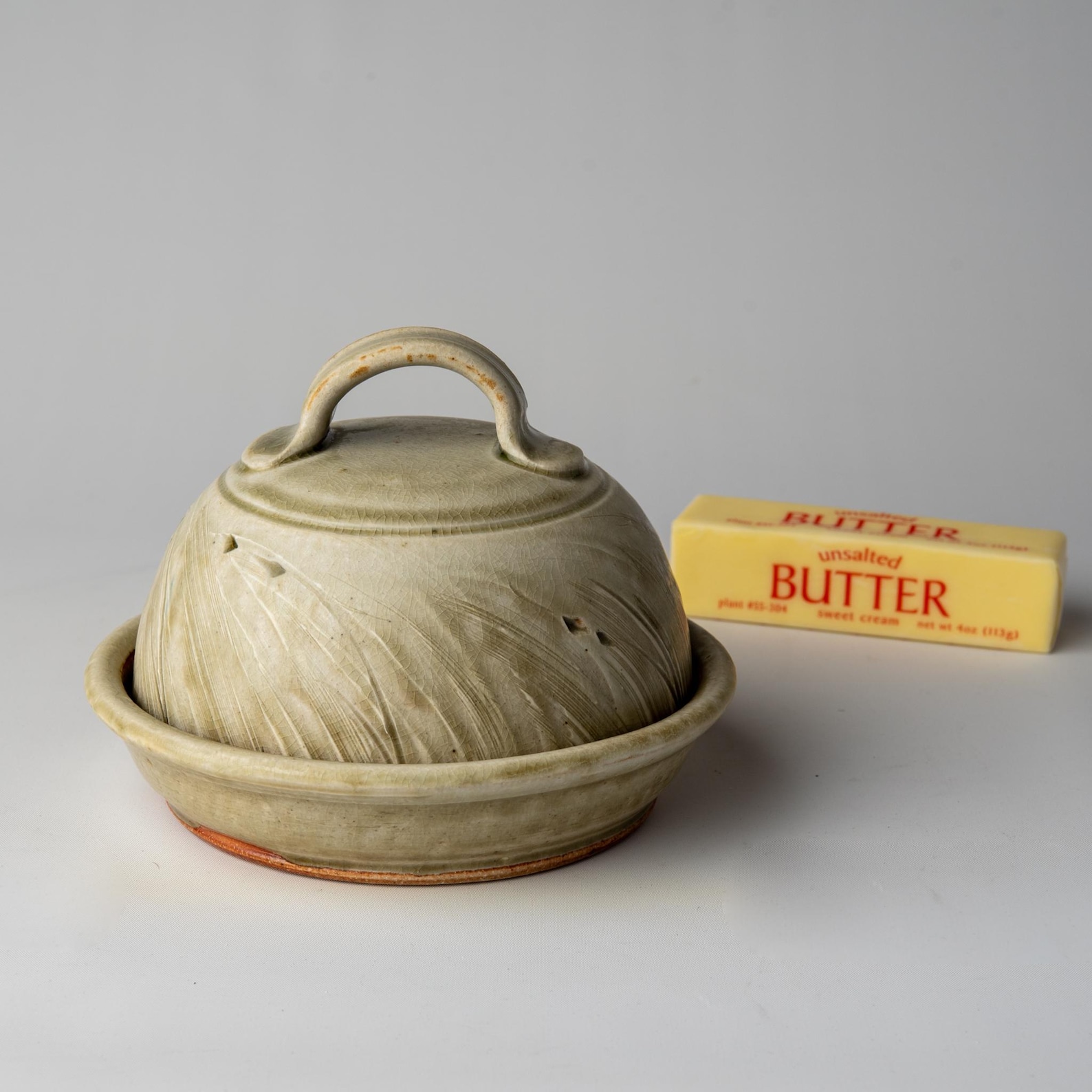 Handmade Stoneware Butter Dish with Lid: Wood Fired Pottery, Seagrass Green