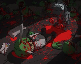 Może przedstawiać: Cyfrowa ilustracja przedstawiająca brutalną scenę z postaciami o zielonej skórze, krwią i nożami. Jedna postać jest przebita nożem, podczas gdy inne są poćwiartowane. Grafika ma mroczną, szorstką estetykę z naciskiem na akcję i gore.