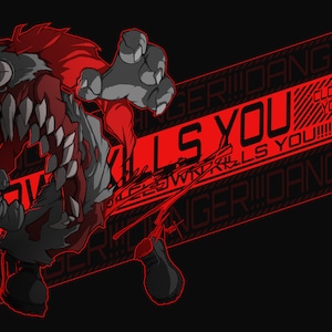 Op de afbeelding: Een rode en zwarte illustratie van een monster met scherpe tanden en de tekst "CLOWN KILLS YOU" in rood en zwart. De tekst wordt meerdere keren herhaald en is omgeven door een zwart-rood gestreept patroon.