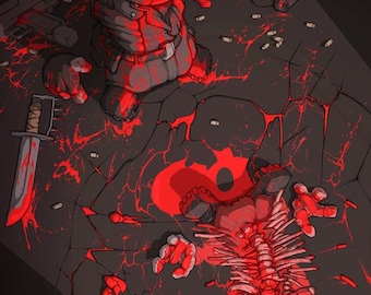 Op de afbeelding: Een digitale illustratie die een gewelddadige scène uitbeeldt met een personage in een militaire outfit, bespat met rood bloed. Een gebroken vloer onthult een tweede personage, ook bebloed. Wapens en kogels liggen verspreid.