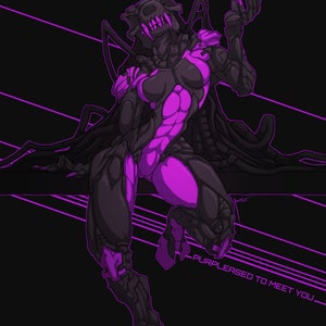 Puede incluir: Una ilustración digital en morado y negro de una criatura con una cabeza esquelética y un cuerpo robótico. La criatura está en una postura dinámica con los brazos levantados. El texto "_PURPLEASED TO MEET YOU_" está escrito en morado debajo de la criatura.