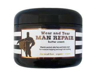 Man Repair cream - Rich, wholesome organic/vegan face & body daily skincare for men *SCROLL REVIEW images for the MANY ways it can help!