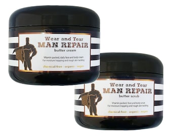 Save big! Man Repair - scrub+cream - Rich wholesome organic/vegan face & body skincare *SCROLL REVIEW images for the MANY ways it can help!