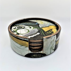 one of a kind upcycled decoupaged pablo picasso coasters perfect as a housewarming, birthday or holiday gift or for a lover of picasso&#39;s art