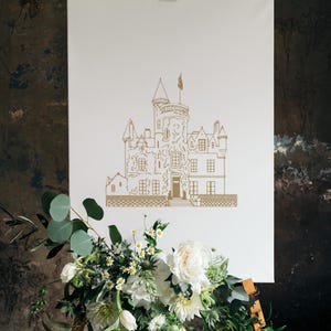 Boceto del lugar de celebración del castillo de Carlowrie, boda en el castillo de Carlowrie, castillo de Carlowrie en Escocia, archivos SVG, invitaciones de boda digitales