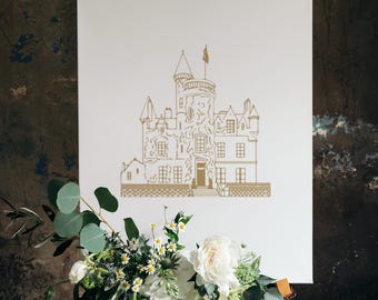 Boceto del lugar de celebración de bodas en el castillo de Carlowrie: Ilustración de Escocia (SVG, PNG)