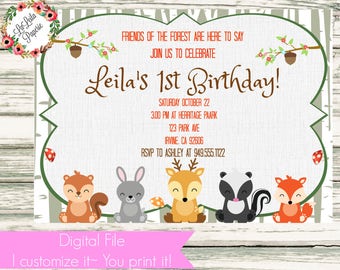 Woodland Forest Animals Birthday Invitation ~Digital File