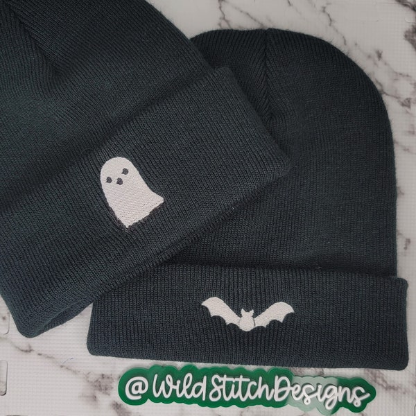 Bat Beanie, Ghost Beanie, Halloween Beanie, Embroidered Beanie, Glow in the Dark Beanie, Embroidered Hat,  Spooky Season Knit Beanie