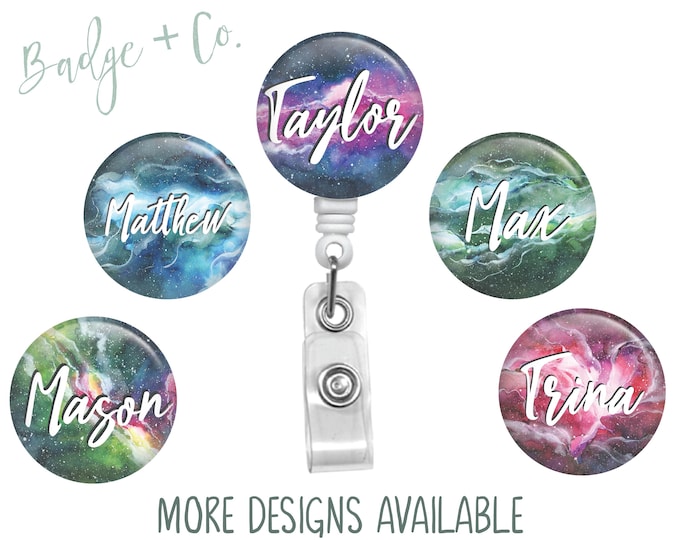 Outer-Space Galaxy Themed Badge Reel Faces Stars Planets Retractable Badge Reel ID Holder Gift