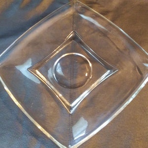 Vintage square clear glass dinner plate, Art Deco style.