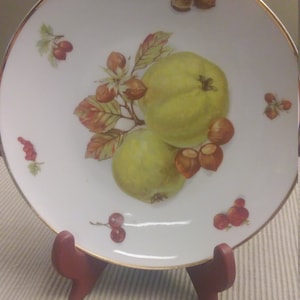 Può includere: Un piatto in porcellana bianca con un bordo dorato presenta un disegno dipinto di mele verdi, bacche rosse e noci marroni. Il piatto è su un supporto marrone.