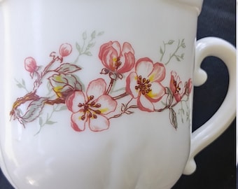 Arcopal France vintage coffee/tea cup, milk glass.  White with pink blossoms.