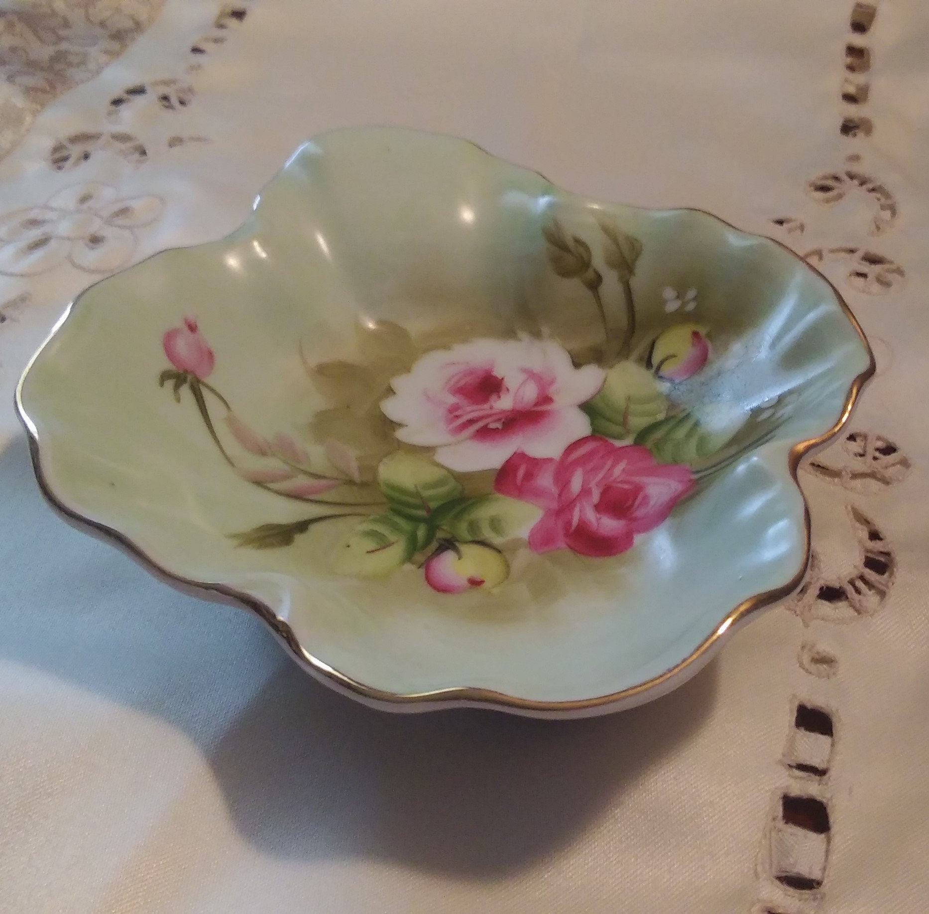 vintage Lefton China small dish with hand painted flowers, golden rim.