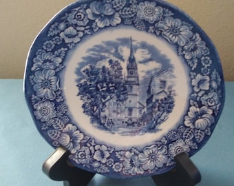 vintage Liberty blue saucers, historic colonial scenes, "old North church" pictured, made in England.