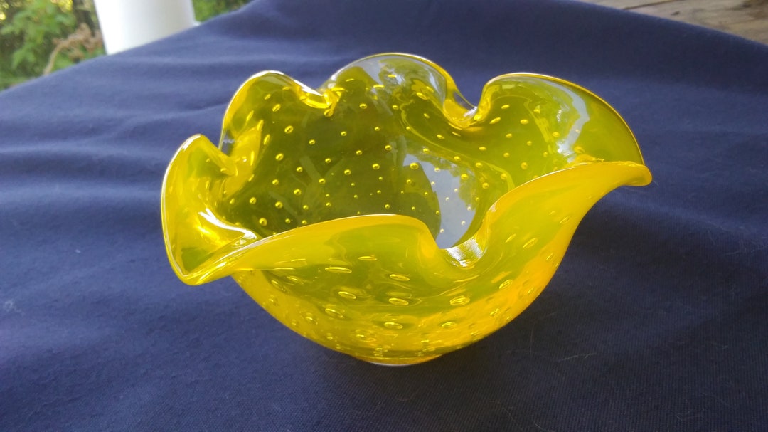 Vintage Yellow Glass Ashtray With Controlled Bubbles. Possibly Etsy