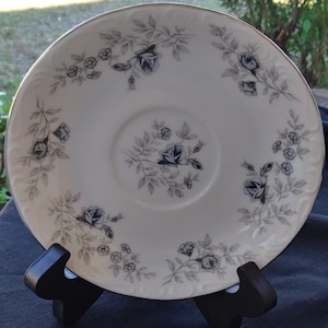 vintage Baroque Bleu by Daniele, Japan saucer with bluish gray roses.