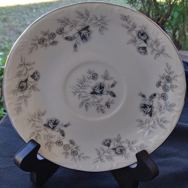 vintage Baroque Bleu by Daniele, Japan saucer with bluish gray roses.