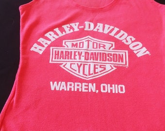 1990 women's Harley Davidson tank top, orange/pink.