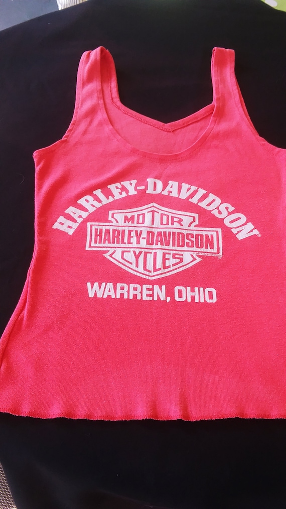 1990 women's Harley Davidson tank top, orange/pink