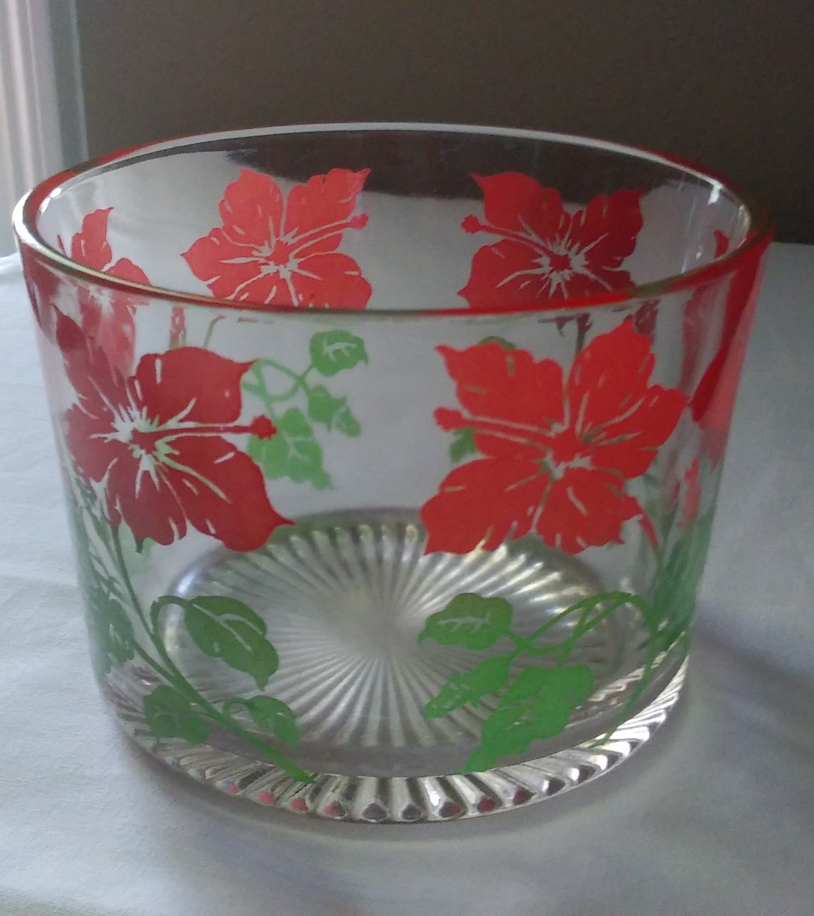 Vintage glass ice bucket with hibiscus flowers. Ribbed Etsy