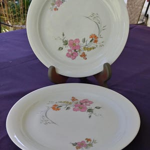 Puede incluir: Dos platos de cerámica blanca con un diseño floral. Los platos presentan flores rosas, naranjas y amarillas con hojas verdes. Un plato es redondo y el otro ovalado. Los platos se exhiben sobre una superficie morada oscura.