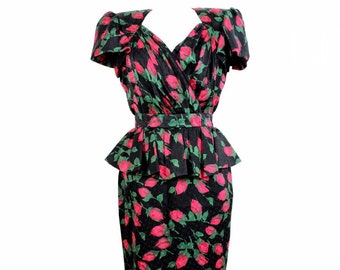 Mario Borsato Couture Sheath Dress Floral Silk Vintage Black Red