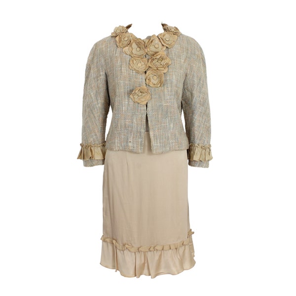 Moschino Cheap and Chic 2000s Elegant Skirt and Jacket Suit, Beige with Applied Flowers