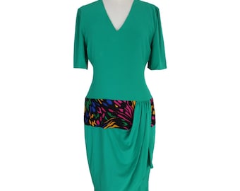 Mila Schon Green Silk Vintage Evening Sheath Dress 90s