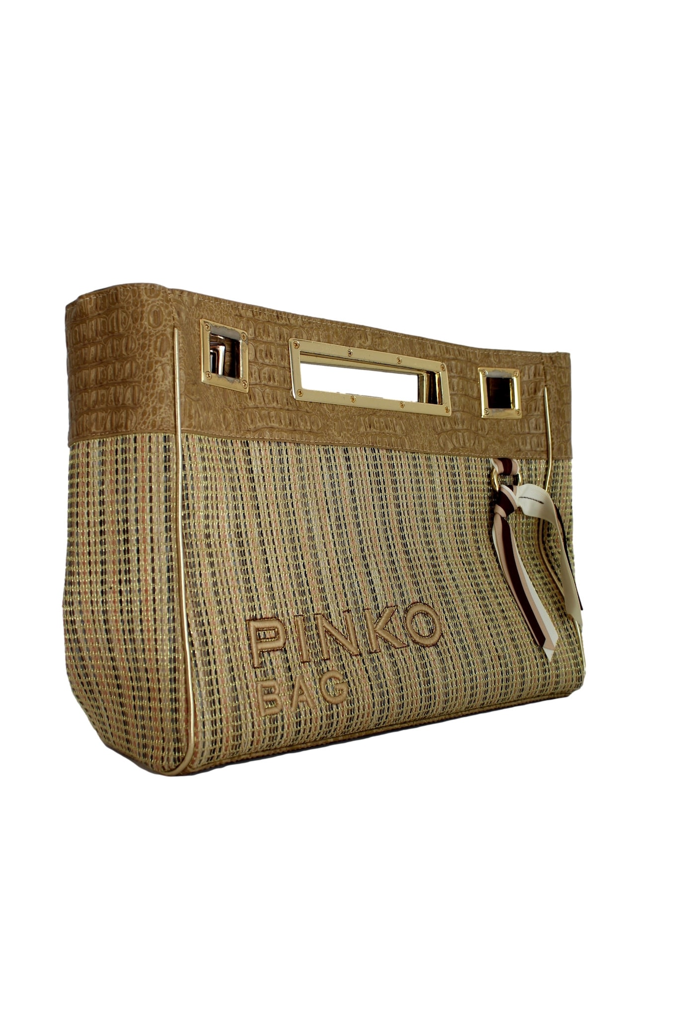 Pinko Beige Gold Leather Straw Bag - Etsy