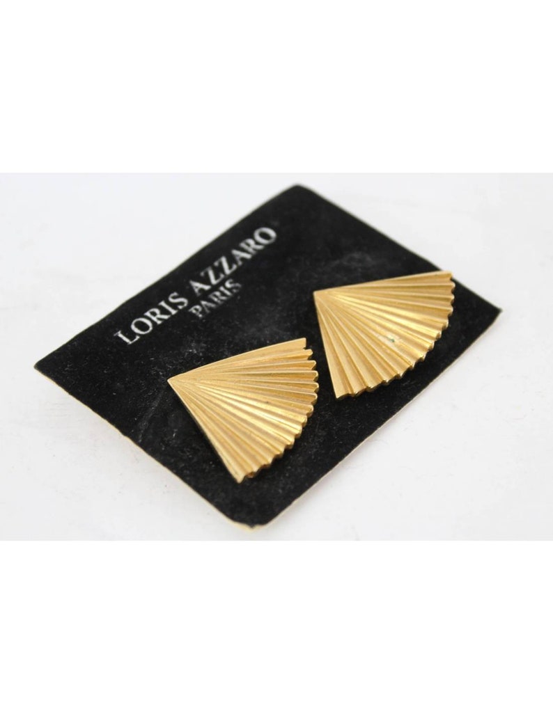 Loris Azzaro Vintage Earrings Folding Fan Clip Metal Gold image 3