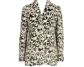 Moschino Damastjacke Blumen Taillierter Blazer Beige Grau Vintage 90er Jahre