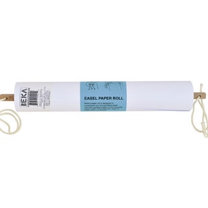 May include: A white roll of easel paper with a blue label that says "Easel Paper Roll". The roll is attached to two wooden dowels with string.