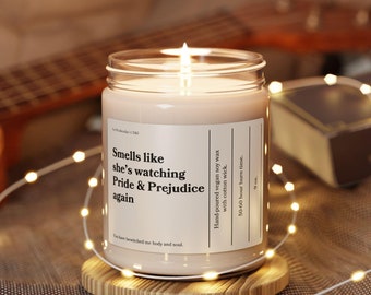 Smells like she&#39;s watching Pride & Prejudice again soy candle * pemberley mr darcy flex * Bookish Gift Jane Austen 20th anniversary Merch